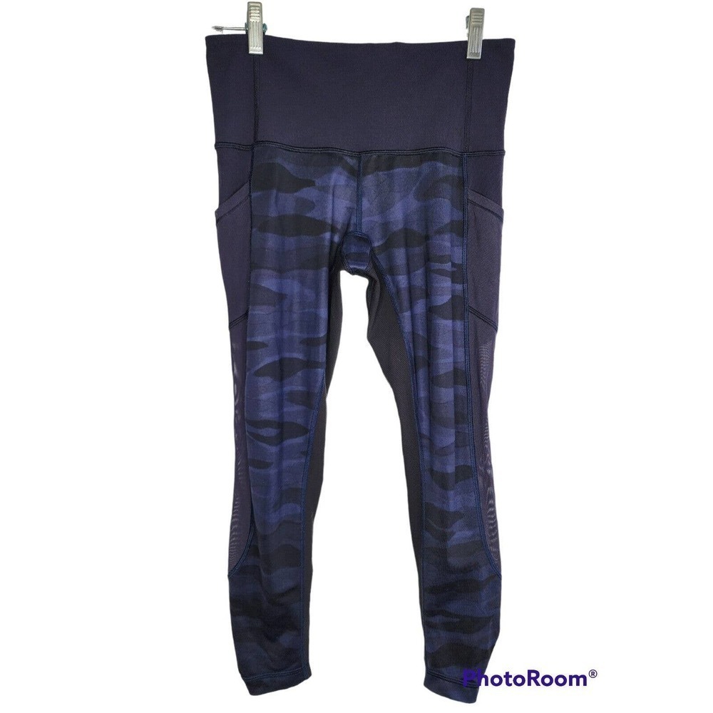 Lululemon Seek The Heat Crop Leggings Size 6 Blue Camo Luxtreme Mesh Gym Crops